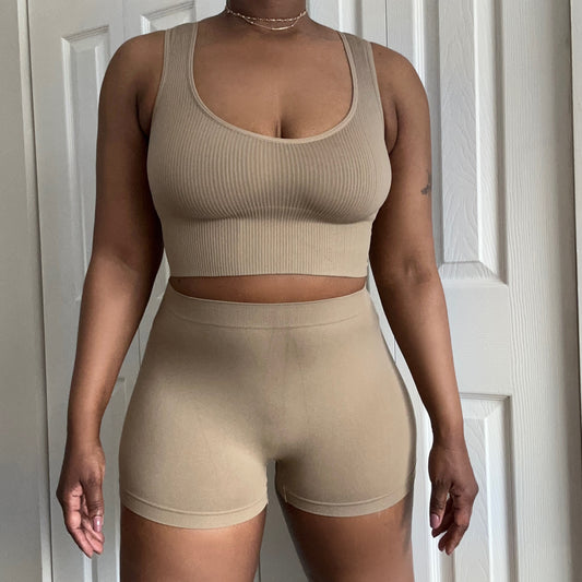 CiCi Crop Top Lounge Set-Beige